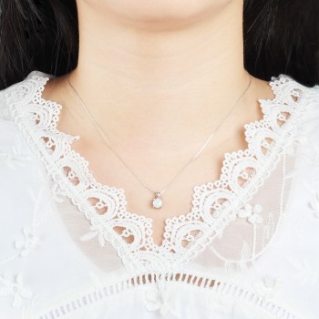 925 Sterling Silver Necklace with 6mm Round White Pink Blue Opal Women Pendant Necklaces Birthday Gift  for Girls (Lam Hub Fong)
