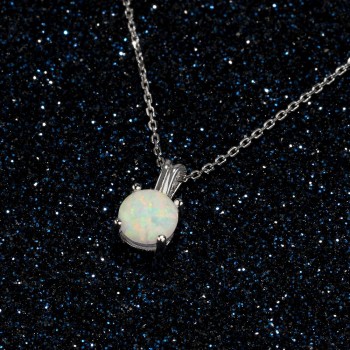 925 Sterling Silver Necklace with 6mm Round White Pink Blue Opal Women Pendant Necklaces Birthday Gift  for Girls (Lam Hub Fong)