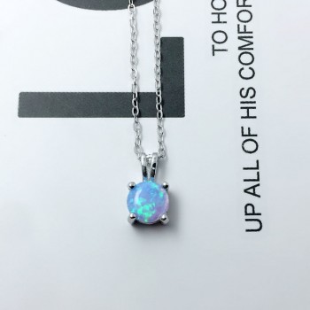 925 Sterling Silver Necklace with 6mm Round White Pink Blue Opal Women Pendant Necklaces Birthday Gift  for Girls (Lam Hub Fong)