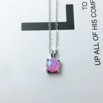 925 Sterling Silver Necklace with 6mm Round White Pink Blue Opal Women Pendant Necklaces Birthday Gift  for Girls (Lam Hub Fong)
