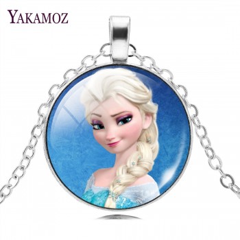 Vintage Silver Color Long Chain Jewelry Necklace Crystal Cabochon Princess Elsa Anna Pendant Necklace Girl Choker Silver Color