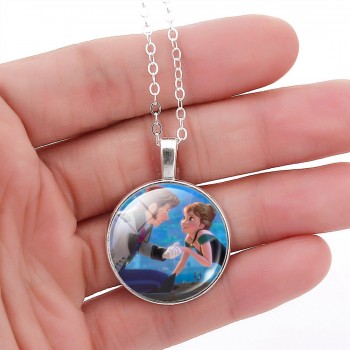 Vintage Silver Color Long Chain Jewelry Necklace Crystal Cabochon Princess Elsa Anna Pendant Necklace Girl Choker Silver Color