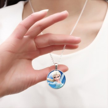 Vintage Silver Color Long Chain Jewelry Necklace Crystal Cabochon Princess Elsa Anna Pendant Necklace Girl Choker Silver Color