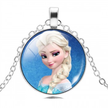 Vintage Silver Color Long Chain Jewelry Necklace Crystal Cabochon Princess Elsa Anna Pendant Necklace Girl Choker Silver Color