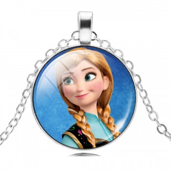 Vintage Silver Color Long Chain Jewelry Necklace Crystal Cabochon Princess Elsa Anna Pendant Necklace Girl Choker Silver Color