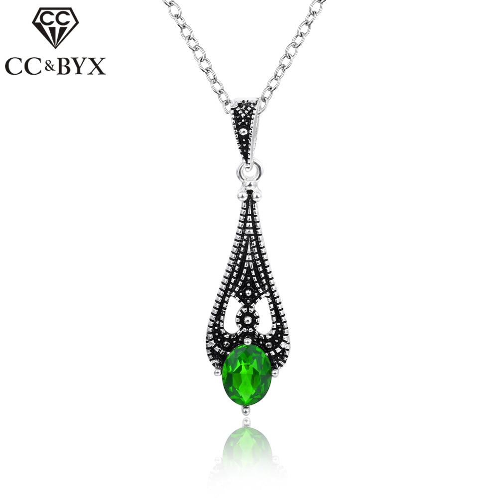 CC Jewelry Vintage Water Drop Green Stone CZ Pendantamp;Necklace Silver Color For Women Party Wedding Necklaces CCN111