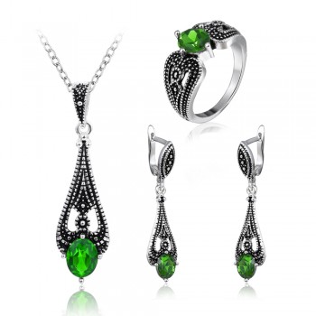 CC Jewelry Vintage Water Drop Green Stone CZ Pendantamp;Necklace Silver Color For Women Party Wedding Necklaces CCN111