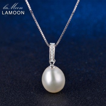 LAMOON 9mm 6.5ct 100% Natural Freshwater Pearl Jewelry 925 Sterling Silver Jewelry  Platinum Pendant Necklace LMNI008