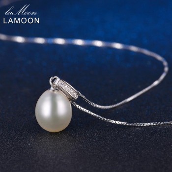 LAMOON 9mm 6.5ct 100% Natural Freshwater Pearl Jewelry 925 Sterling Silver Jewelry  Platinum Pendant Necklace LMNI008
