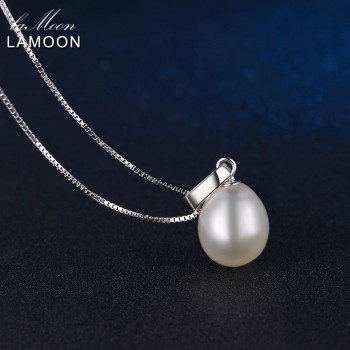 LAMOON 9mm 6.5ct 100% Natural Freshwater Pearl Jewelry 925 Sterling Silver Jewelry  Platinum Pendant Necklace LMNI008