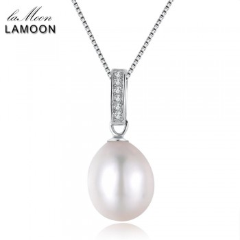 LAMOON 9mm 6.5ct 100% Natural Freshwater Pearl Jewelry 925 Sterling Silver Jewelry  Platinum Pendant Necklace LMNI008