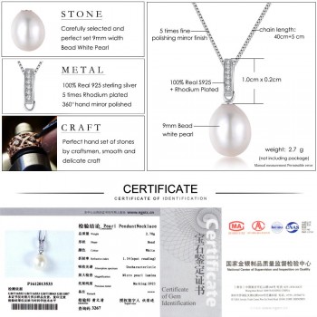 LAMOON 9mm 6.5ct 100% Natural Freshwater Pearl Jewelry 925 Sterling Silver Jewelry  Platinum Pendant Necklace LMNI008
