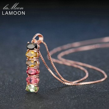 LAMOON Classic Natural Multi-Color Oval Tourmaline 925 Sterling Silver Chain Pendant Necklace  S925 LMNI048