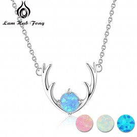 925 Sterling Silver Fine Jewelry Elk Deer Antlers Shape Necklace With Blue Opal Necklaces amp; Pendants For Women (Lam Hub Fong)
