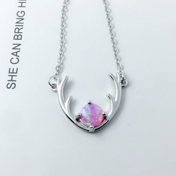 925 Sterling Silver Fine Jewelry Elk Deer Antlers Shape Necklace With Blue Opal Necklaces amp; Pendants For Women (Lam Hub Fong)