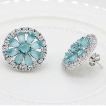 925 Sterling Silver Zircon Stud Earrings Bohe Flower Blue CZ Earrings for Women Wedding Engagement Valentines Day Jewelry