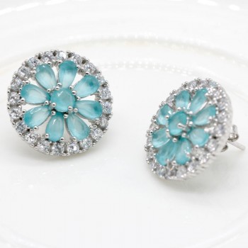 925 Sterling Silver Zircon Stud Earrings Bohe Flower Blue CZ Earrings for Women Wedding Engagement Valentines Day Jewelry