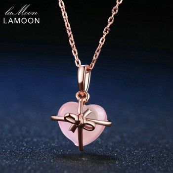 LAMOON Heart 9x10mm 100% Natural Gemstone Rose Quartz Chain Necklace 925 Sterling Silver Jewelry Rose Gold Plated LMNI016