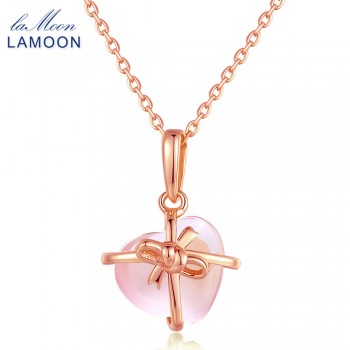 LAMOON Heart 9x10mm 100% Natural Gemstone Rose Quartz Chain Necklace 925 Sterling Silver Jewelry Rose Gold Plated LMNI016