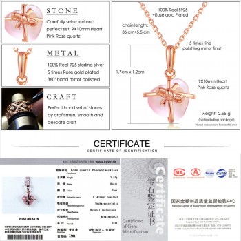 LAMOON Heart 9x10mm 100% Natural Gemstone Rose Quartz Chain Necklace 925 Sterling Silver Jewelry Rose Gold Plated LMNI016