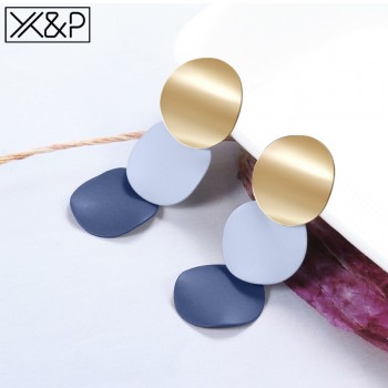 Xamp;P Fashion Geometric Round Acrylic Gold Drop Earrings for Women Trendy 3 Color Stitching Metal Hanging Earring Jewelry Gift
