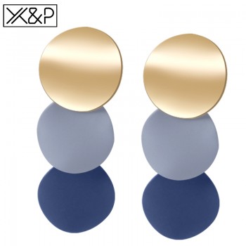 Xamp;P Fashion Geometric Round Acrylic Gold Drop Earrings for Women Trendy 3 Color Stitching Metal Hanging Earring Jewelry Gift