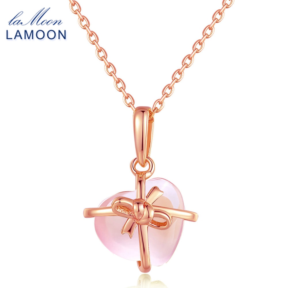 LAMOON- Heart 9x10mm 100% Natural Gemstone Rose Quartz Chain Necklace 925 Sterling Silver Jewelry  LMNI016