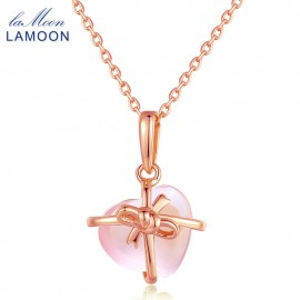 LAMOON- Heart 9x10mm 100% Natural Gemstone Rose Quartz Chain Necklace 925 Sterling Silver Jewelry  LMNI016