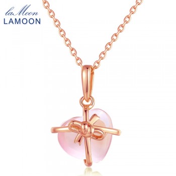LAMOON- Heart 9x10mm 100% Natural Gemstone Rose Quartz Chain Necklace 925 Sterling Silver Jewelry  LMNI016