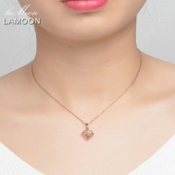 LAMOON- Heart 9x10mm 100% Natural Gemstone Rose Quartz Chain Necklace 925 Sterling Silver Jewelry  LMNI016