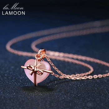 LAMOON- Heart 9x10mm 100% Natural Gemstone Rose Quartz Chain Necklace 925 Sterling Silver Jewelry  LMNI016