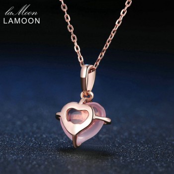 LAMOON- Heart 9x10mm 100% Natural Gemstone Rose Quartz Chain Necklace 925 Sterling Silver Jewelry  LMNI016