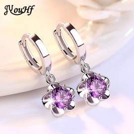 JYouHF Flower Drop Earrings Fashion 925 Sterling Silver White Purple CZ Zircon Crystal Earrings for Women Wedding Jewelry Gifts