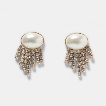 Flatfoosie ZA Round Crystal Tassel Drop Earrings For Women Boho Fashion Shiny Simulated Pearl Resin Long Dangle Earring Jewelry
