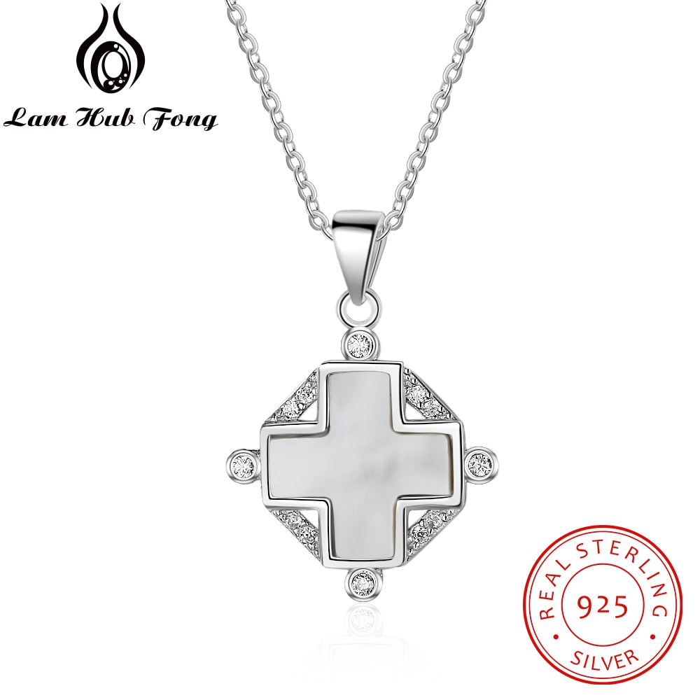 Elegant 925 Sterling Silver Cross Necklace with Mother of Pearl amp; Cubic Zirconia Stylish Sterling Silver Jewelry (Lam Hub Fong)