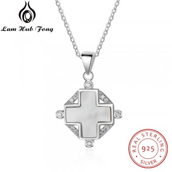 Elegant 925 Sterling Silver Cross Necklace with Mother of Pearl amp; Cubic Zirconia Stylish Sterling Silver Jewelry (Lam Hub Fong)