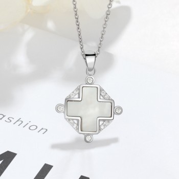 Elegant 925 Sterling Silver Cross Necklace with Mother of Pearl amp; Cubic Zirconia Stylish Sterling Silver Jewelry (Lam Hub Fong)