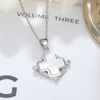 Elegant 925 Sterling Silver Cross Necklace with Mother of Pearl amp; Cubic Zirconia Stylish Sterling Silver Jewelry (Lam Hub Fong)