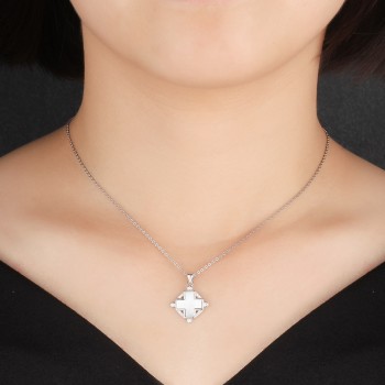 Elegant 925 Sterling Silver Cross Necklace with Mother of Pearl amp; Cubic Zirconia Stylish Sterling Silver Jewelry (Lam Hub Fong)