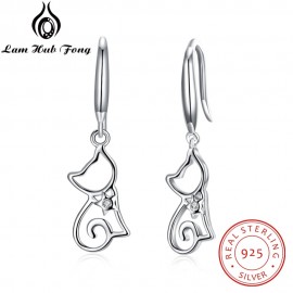 Genuine 925 Sterling Silver Hollow Out Cute Cat Drop Earrings S925 Silver Zircon Cat Earrings For Women Jewelry (Lam Hub Fong)