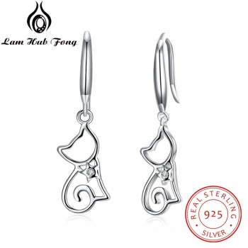 Genuine 925 Sterling Silver Hollow Out Cute Cat Drop Earrings S925 Silver Zircon Cat Earrings For Women Jewelry (Lam Hub Fong)