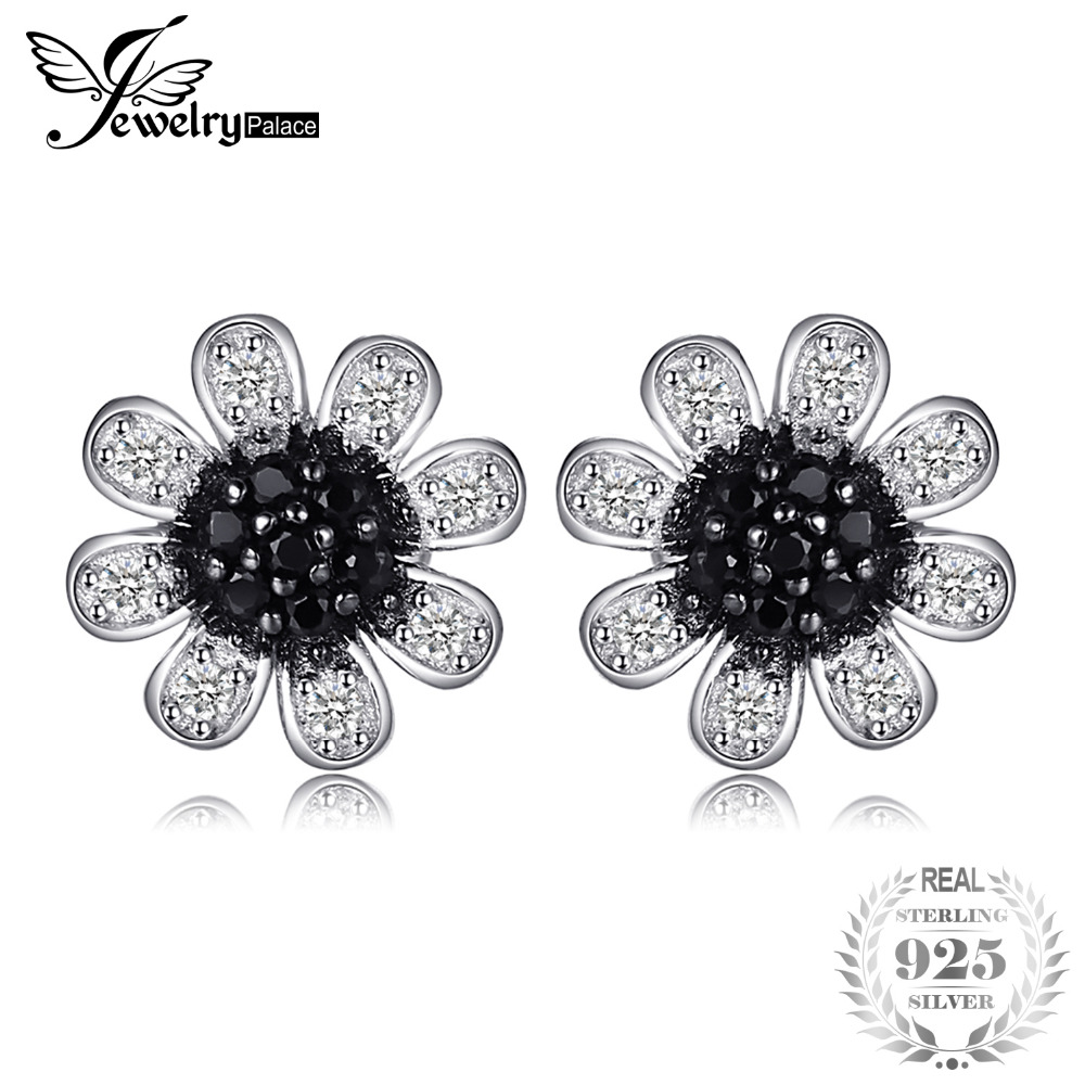 JewelryPalace Flower Black Spinel Stud Earrings Genuine 925 Sterling Silver Trendy Earrings For Women Brand Jewelry Accessories