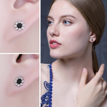 JewelryPalace Flower Black Spinel Stud Earrings Genuine 925 Sterling Silver Trendy Earrings For Women Brand Jewelry Accessories