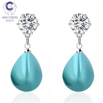 HanCheng New Charm Silver Plated Round Dangle Hanging Zircon CZ Gem Stone Pearl Drop Earrings For Women Jewelry brincos bijoux