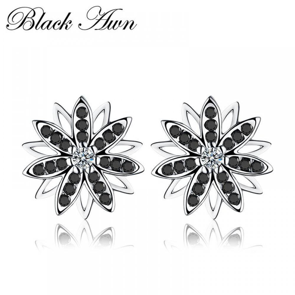 Romantic 1.2g Genuine 925 Sterling Silver Fine Jewelry Eyes Blackamp;White Stone Engagement Stud Earrings for WomenT119