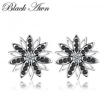 Romantic 1.2g Genuine 925 Sterling Silver Fine Jewelry Eyes Blackamp;White Stone Engagement Stud Earrings for WomenT119