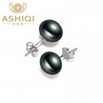 ASHIQI Real Black Freshwater Pearl Stud Earrings, 925 sterling silver earrings For Women gift Jewelry