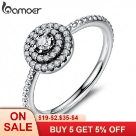 BAMOER 925 Sterling Silver Round Shape Radiant Elegance, Clear CZ Flower Finger Rings for Women ANNIVERSARY SALE 2018 PA7178