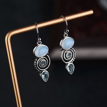 OMHXZJ Wholesale European Fashion Woman Girl Party Wedding Gift Vintage Moonstone Topaz S925 Sterling Silver Drop Earrings EA363