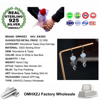 OMHXZJ Wholesale European Fashion Woman Girl Party Wedding Gift Vintage Moonstone Topaz S925 Sterling Silver Drop Earrings EA363